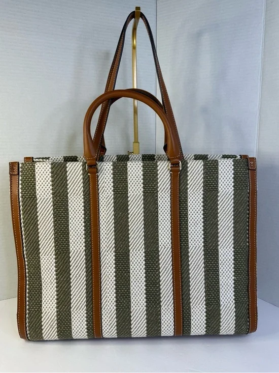 Tory Burch Blake Grove Green & White Striped Canvas Tote Cognac Leather Trim - Picture 2 of 14